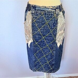 Vintage 80s Acidwash Bedazzled Denim Skirt Size Small, American Classic Brand. S